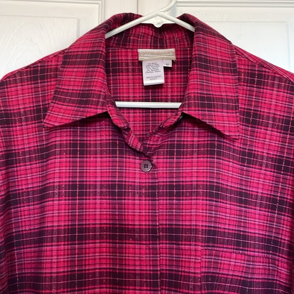 Women’s Coldwater Creek button down M pink sparkle plaid cute detail split back - Picture 3 of 11